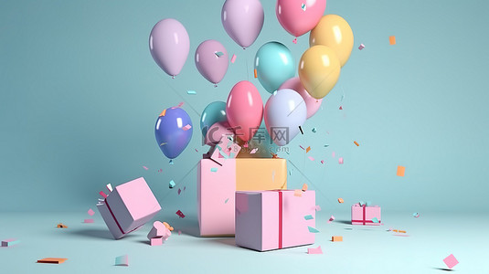 闪闪发光的柔和礼品盒，配有 3D 哑光气球，非常适合庆祝生日并用五彩纸屑表示祝贺