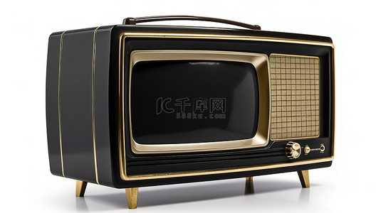 孤立的白色背景使用 3D 渲染描绘了金色和黑色的经典电视