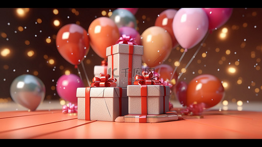 节日圣诞节礼品盒和气球的 3D 渲染