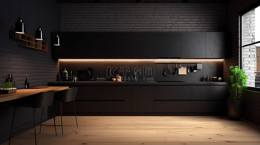 现代厨房设计背景图片_时尚的现代厨房设计，具有大胆的黑色门和深色室内概念 3D 渲染