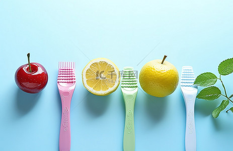 柠檬金橘背景图片_儿童牙科产品 牙刷 苹果 柠檬