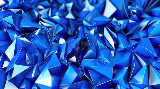 抛光金属表面与复杂的几何多边形动态蓝色三角形运动背景 3D 艺术品