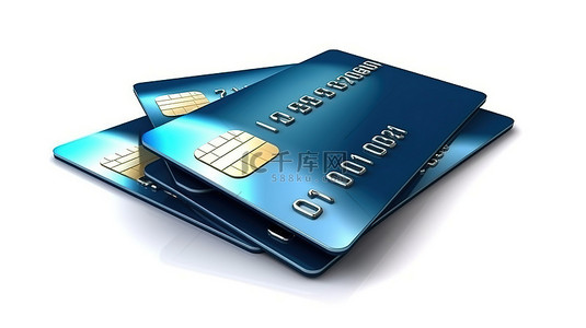 白色背景蓝色信用卡模板的 3d 插图