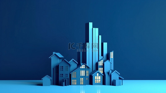 房地产内容的建筑和财产图表的蓝色背景渲染
