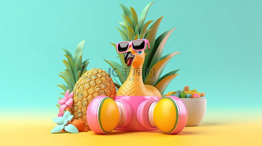 夏日祭祭背景图片_时尚菠萝和时髦的火烈鸟漂浮着复制空间 3D 渲染