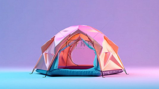 蓝色背景上带有旅游圆顶的粉色露营帐篷的 3D 渲染