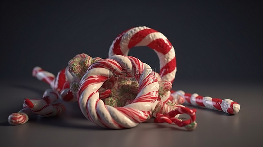 糖果圣诞节糖果背景图片_圣诞快乐绳子用 3D 呈现传统风格的糖果手杖糖果