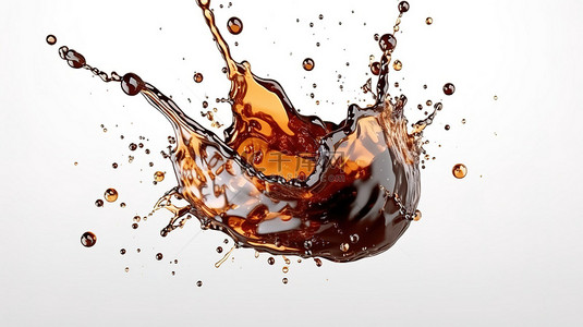 威士忌可乐桶背景图片_3D 渲染的可乐飞溅隔离在清晰的白色背景上