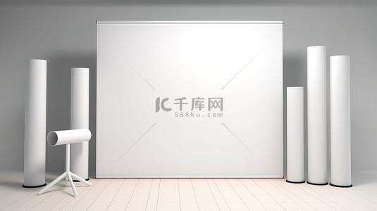 白色空白博览会横幅支架用于贸易展摊位 3D 渲染插图