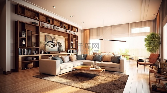 木地板客厅背景图片_舒适居住空间的室内 3D 渲染