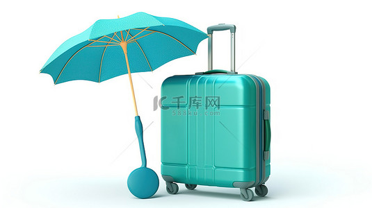 白色背景展示了 3D 渲染的海滩必需品绿色和蓝色雨伞蓝色手提箱和救生圈
