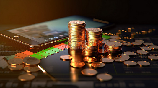 手机金背景图片_增长和投资可视化 3D 手机硬币金钱和图表