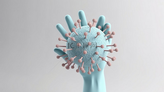 卫生消毒背景图片_最小的卡通风格 3D 渲染图，显示一只手周围有病毒，在白色背景下被隔离，强调卫生和健康的重要性