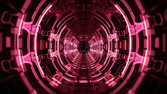 超高频模块背景图片_未来派隧道，配有圆形霓虹灯，周围环绕着 4k 超高清抽象粉红色装饰品，呈现令人惊叹的 3D 插图