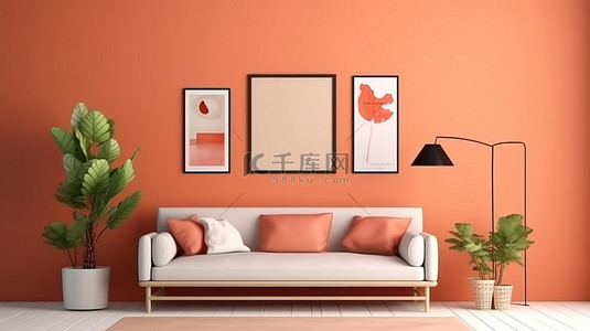 充满活力的橙色背景，配有四个海报框架和 3D 视觉效果的豪华沙发室内设计