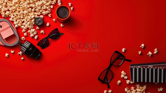 红色背景的顶视图与电影必需品场记板电影卷轴爆米花和 3D 眼镜