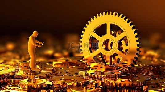 股市股市背景图片_加密货币概念齿轮比特币硬币计算机和人的 3D 插图
