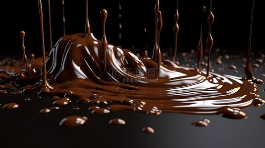 颓废的黑巧克力和牛奶巧克力酱的 3D 渲染，上面流淌着水滴和液体飞溅，用于令人纵情的甜点