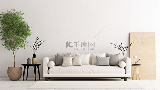 模型椅背景图片_内墙模型上空荡荡的白色客厅背景与沙发和枕头的渲染插图
