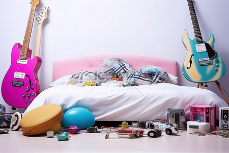 直升机模型背景图片_一张床，一些书和一些玩具，床上铺着一把吉他