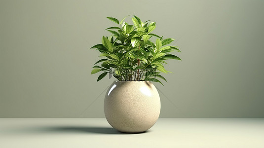 陶瓷花盆与郁郁葱葱的绿色植物在 3D 渲染