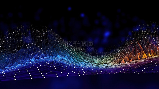 蓝色点线科技背景图片_大数据可视化 3D 渲染波状网络连接与点和线