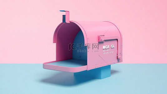 粉红色背景展示 3D 渲染双色调风格的蓝色邮箱