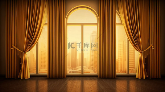 豪华 3D 窗户，配有金色框架，装饰着黑色优雅的窗帘室内设计渲染