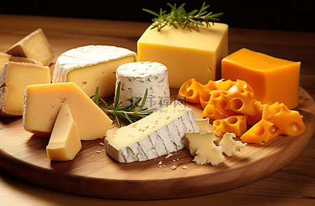 布里奶酪背景图片_木板上的各种奶酪和各种香草