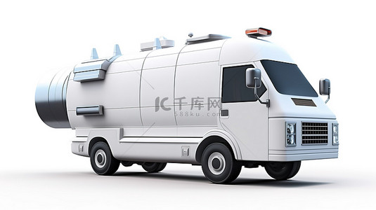 时尚的卫星传输到白色背景 3D 渲染的商业送货车