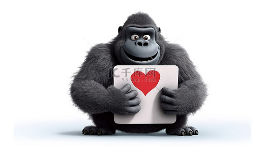 一只搞笑的 3D 大猩猩抓住一个标志和一颗心