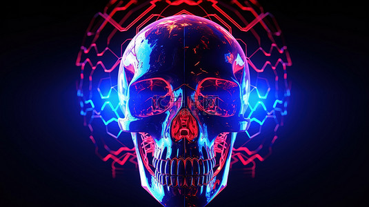 蓝色骨骼背景图片_蓝色红色和霓虹灯照明增强的未来头骨的 3D 插图