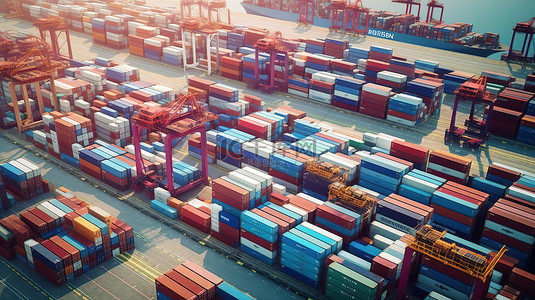 物流货物背景图片_港口货物集装箱的空中 3D 渲染，用于物流和运输