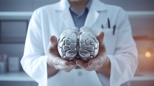 医生握住人造大脑的 3D 模型