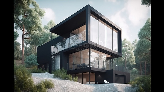 三层房子背景图片_现代三层长方形住宅，拥有令人惊叹的自然景观 3D 插图