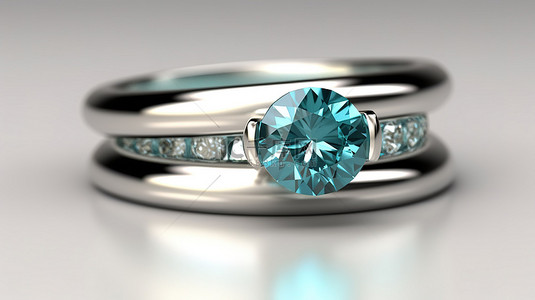 3D 渲染横幅中的铂金正面海蓝宝石堆叠订婚戒指