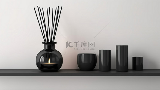 优雅的木架子装饰着黑色香薰蜡烛和芳香芦苇扩散器，靠在白色的墙壁上，非常适合家庭芳香疗法 3D 渲染