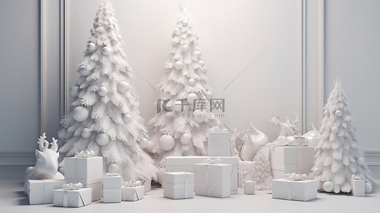 白色圣诞树背景图片_闪闪发光的白色圣诞树与 3D 渲染中的礼物
