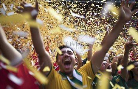 五彩手形背景图片_球迷在足球世界杯上庆祝五彩纸屑