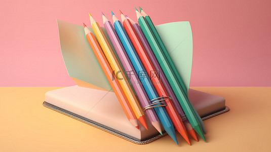 柔和背景笔记本 3D 渲染上的经典铅笔和彩色索引