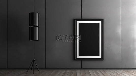 墙上安装的黑色相框 3d 渲染右侧的空白空间