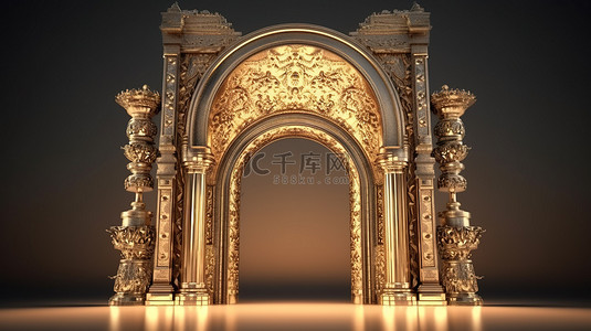 带有中世纪金色拱门的封闭城堡大门的 3D 渲染
