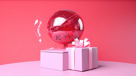 爱带回家背景图片_情人节横幅令人惊叹的 3D 水晶地球仪，带礼品盒