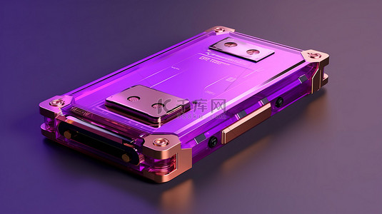 钱包弹窗背景图片_1 3D 渲染加密硬件钱包的插图，紫色背景上有硬币