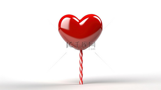白色背景上的浪漫象征主义 3D 红心棒棒糖