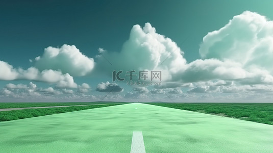 令人惊叹的 3D 插图，展示了装饰着云彩的绿色跑道，非常适合旅行和度假背景