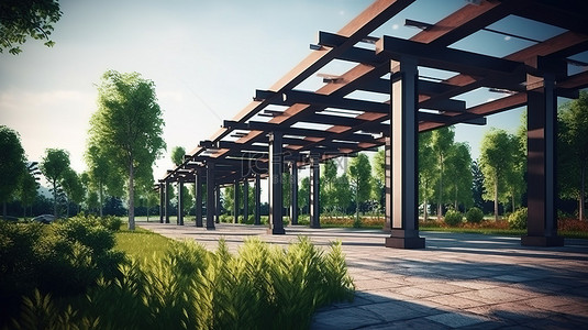 玻璃风格背景图片_工业风格公园建筑设计的 3d 渲染