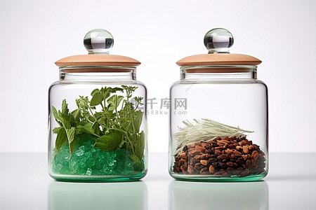 两个透明玻璃罐，里面装有绿色和棕色粉末