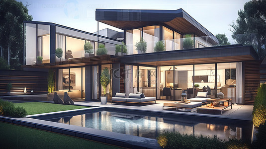 带花园和游泳池的现代别墅令人惊叹的 3D 渲染