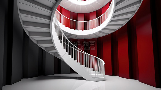 以 3D 渲染中的白色和红色螺旋楼梯为特色的艺术背景